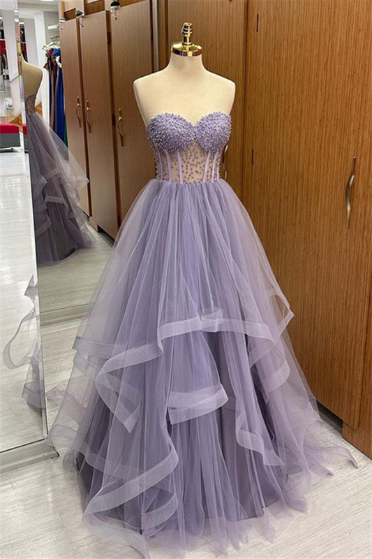 Roycebridal Brandy | Vestido de fiesta largo de tul lila sin tirantes, con volantes y cuentas