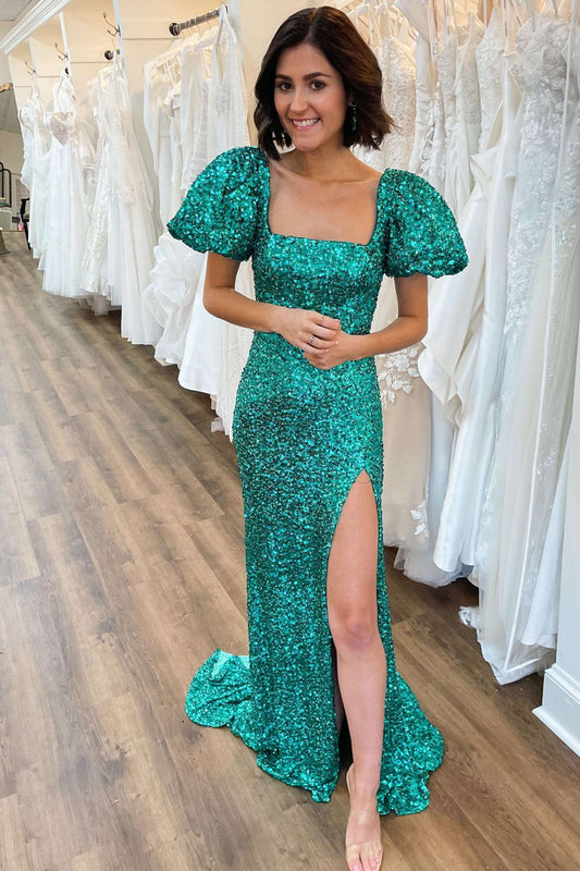 Vestido de fiesta de sirena con lentejuelas verde esmeralda y escote cuadrado
