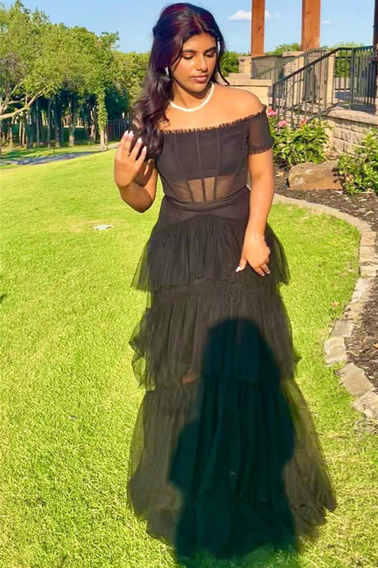 Roycebridal Wilma | Vestido de fiesta de tul negro escalonado con hombros descubiertos
