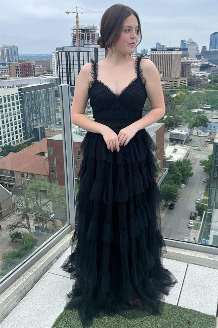 Roycebridal Yasmine | Vestido de fiesta negro de tul en capas, corte A y escote en V