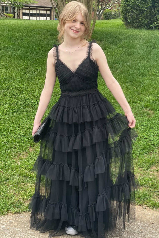 Roycebridal Yasmine | Vestido de fiesta negro de tul en capas, corte A y escote en V