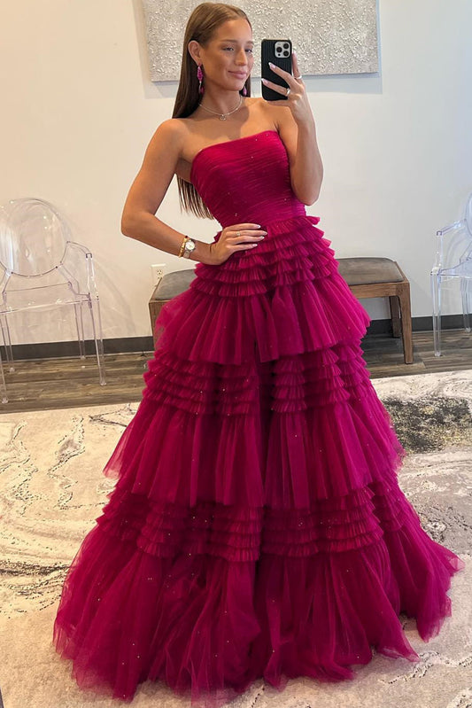 Vestido de fiesta largo de tul sin tirantes, corte A y volantes escalonados