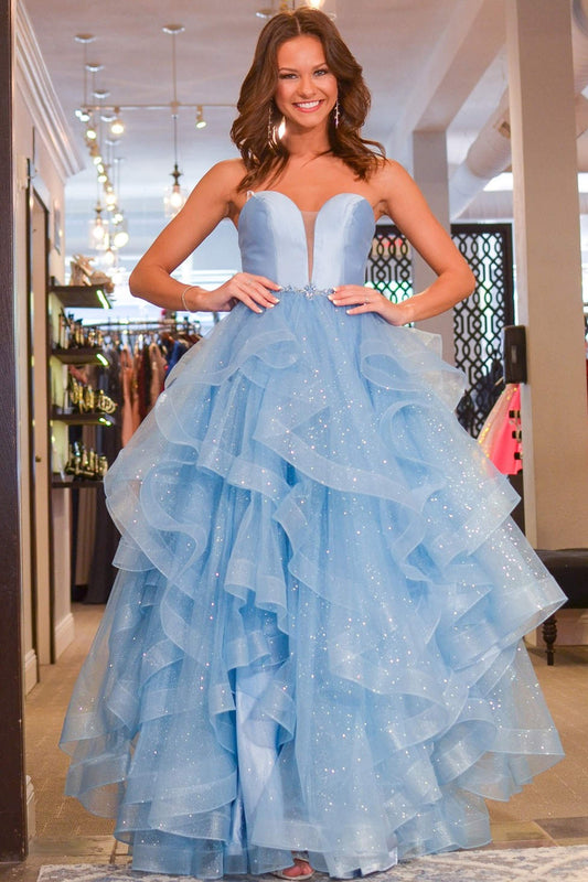 Vestido de fiesta de princesa sin tirantes de satén con tul brillante