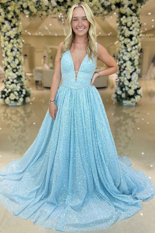 Vestido de fiesta de lentejuelas con escote en V pronunciado y corte A