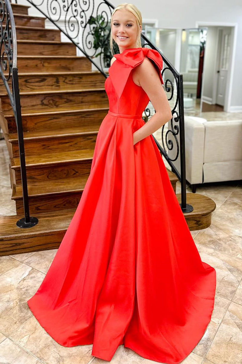 Vestido de fiesta de satén con lazo de un hombro y bolsillos