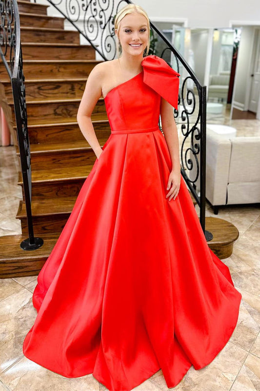 Vestido de fiesta de satén con lazo de un hombro y bolsillos