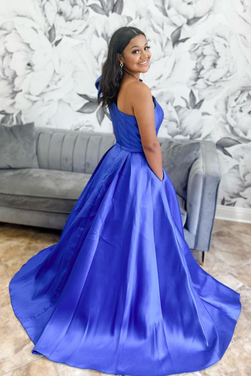 Vestido de fiesta de satén con lazo de un hombro y bolsillos