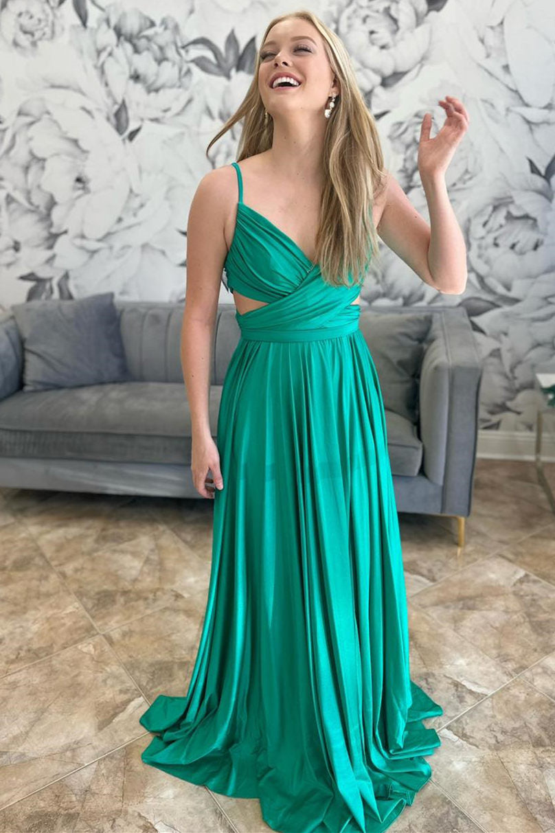 Vestido formal plisado de corte A verde esmeralda