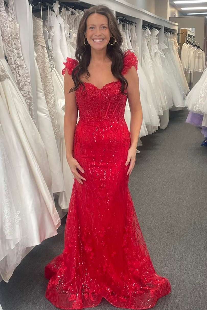 Vestido de fiesta largo estilo sirena con tirantes y volantes y flores 3D