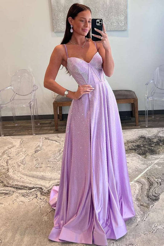 Vestido de fiesta de corte A con corsé lila sin tirantes y pedrería