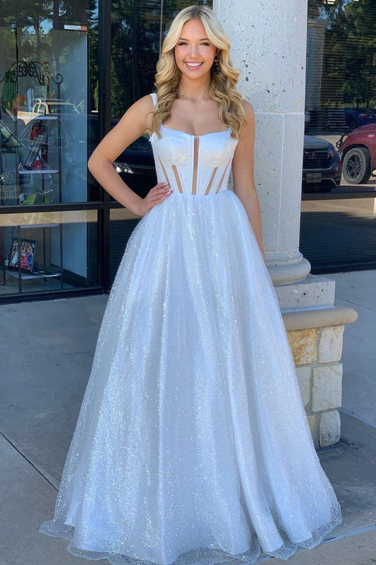 Vestido de fiesta de corte A con lentejuelas blancas y escote cuadrado