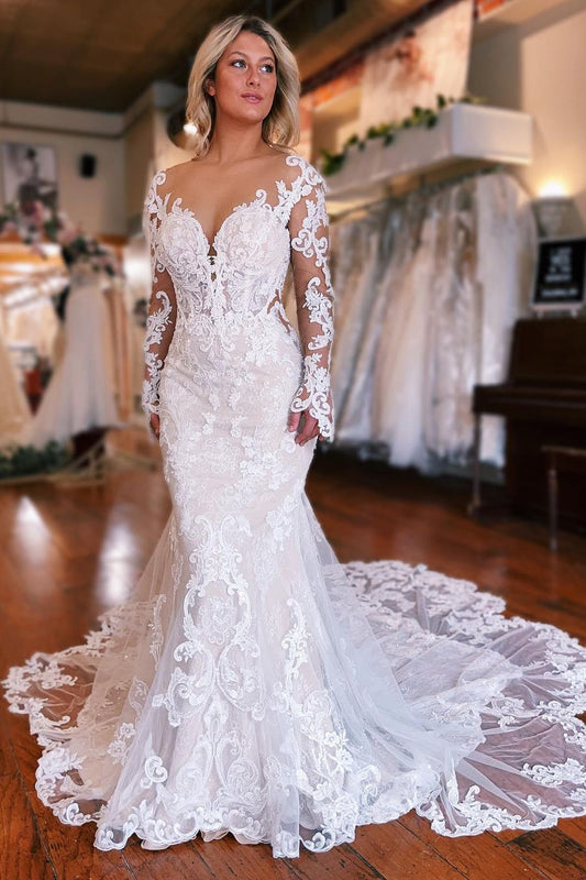Fabelhaftes langes Meerjungfrau-Brautkleid mit Rückenfreiem V-Ausschnitt und Spitze und abnehmbarer Schleppe