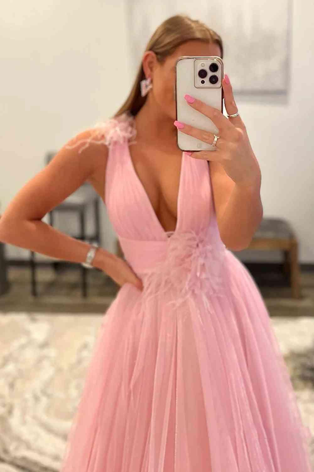 Feathers Backless Pink Plunging V-Neck Tulle Long Formal Dress