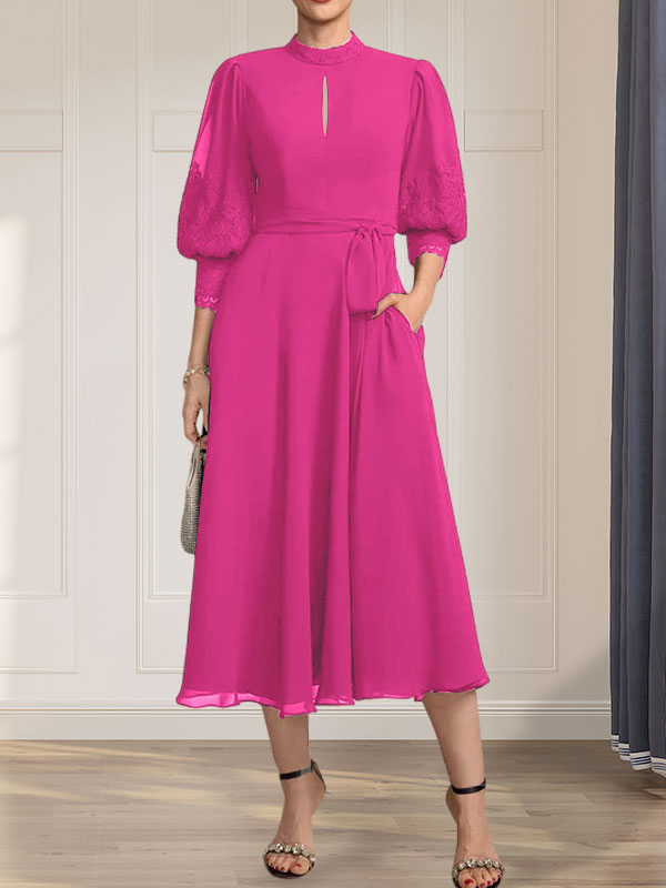 Vestido de gasa con encaje, cuello alto, largo hasta la rodilla, para madre de la novia con lazo
