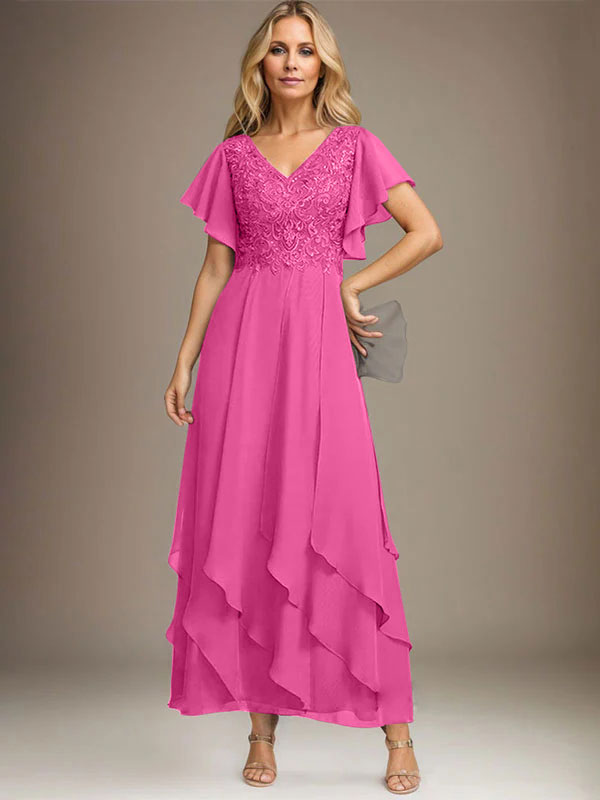 A-Linien-Kleid mit V-Ausschnitt, knöchellang, Spitzenchiffon und kaskadierenden Rüschen