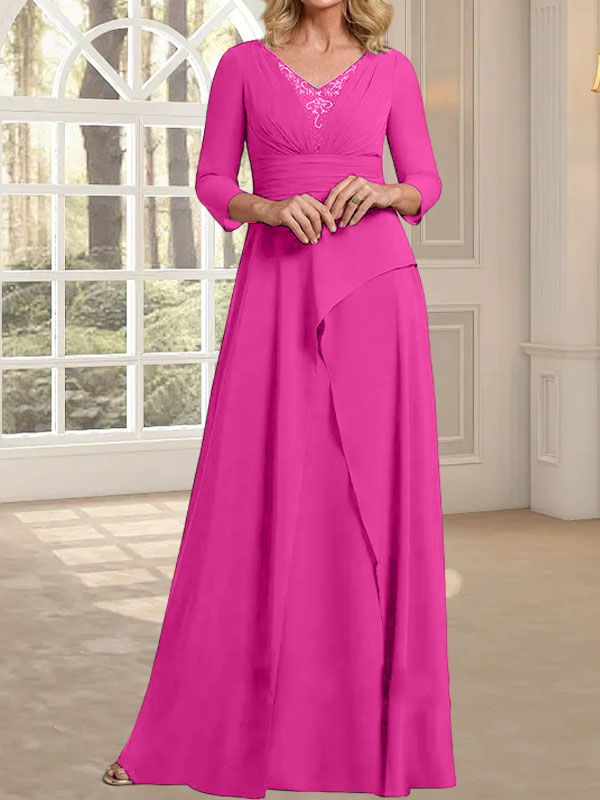 A-Linie, V-Ausschnitt, bodenlanges Chiffonkleid für die Brautmutter mit plissierter Perlenstickerei