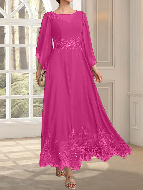 Vestido de gasa con encaje y lentejuelas para madre de la novia, corte A, escote ilusión, largo hasta los tobillos
