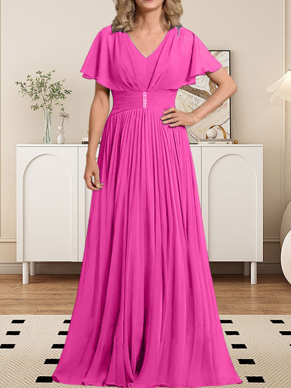 A-Linie V-Ausschnitt Bodenlang Chiffon Mutter der Braut Kleid Mit Kristall Brosche Plissee