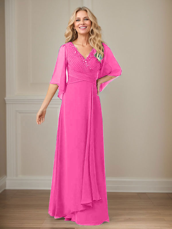 A-Linie V-Ausschnitt Lange Pailletten Chiffon Mutterkleid