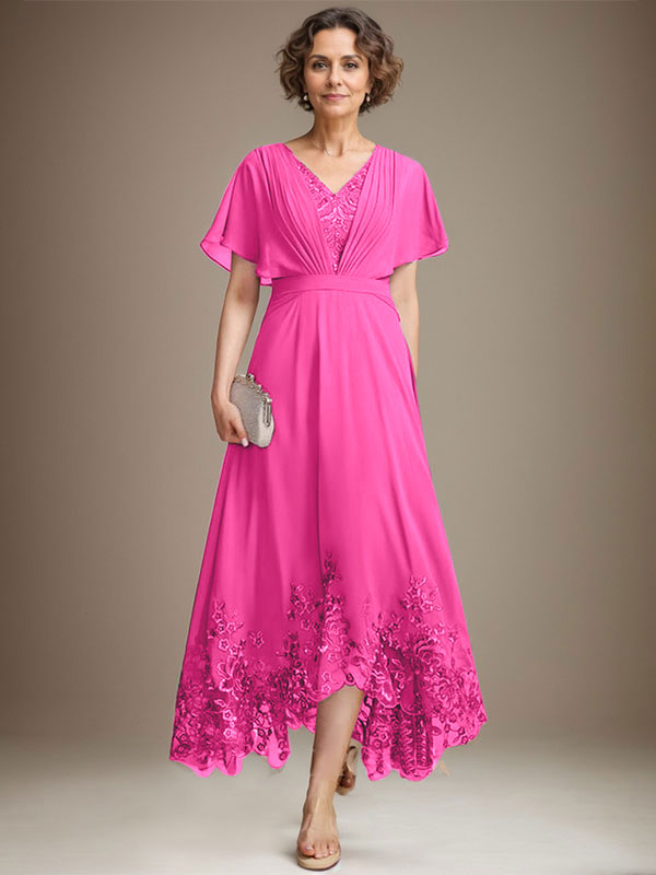 A-Linie V-Ausschnitt Asymmetrisches Spitzen-Chiffon-Kleid für die Brautmutter mit Plissee