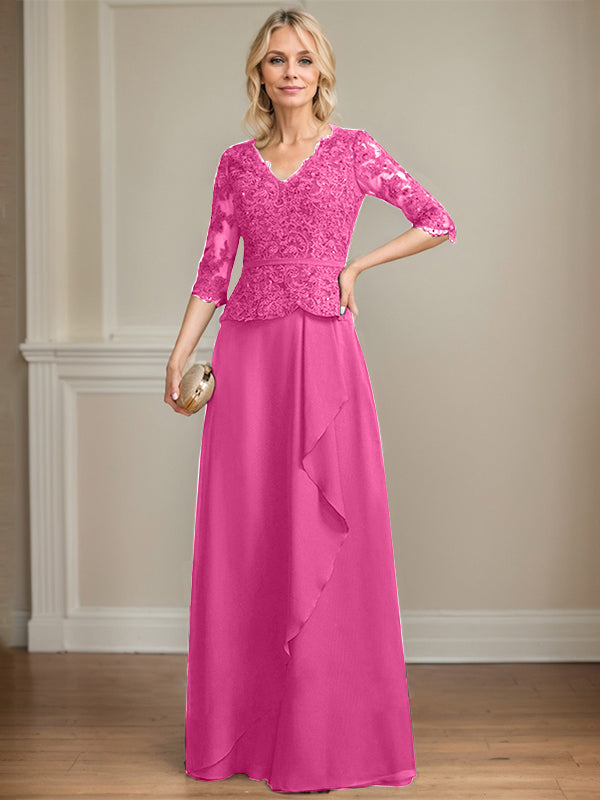 A-Linie, V-Ausschnitt, bodenlanges Chiffon-Kleid für die Brautmutter mit kaskadierenden Rüschen und Pailletten