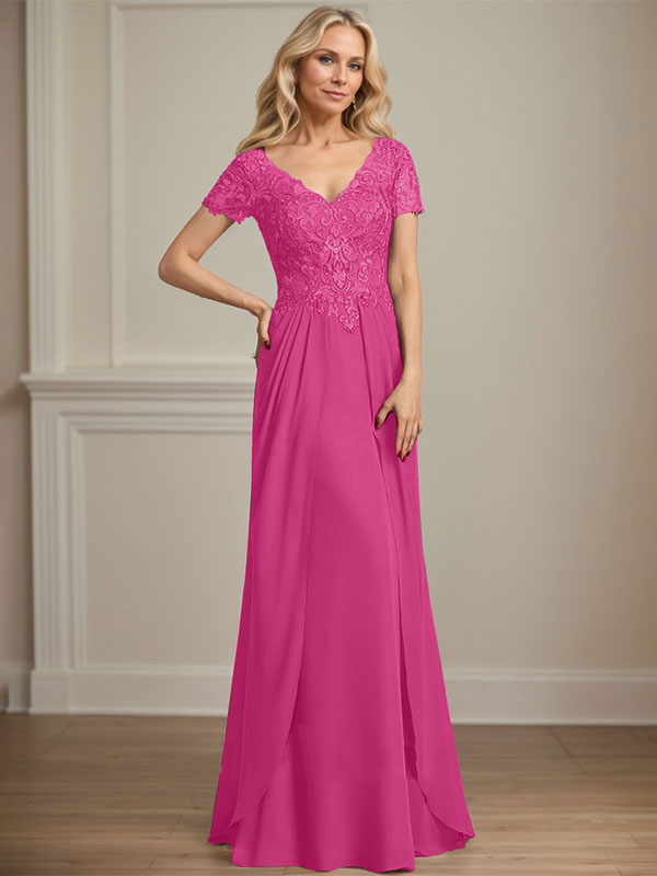 A-Linie V-Ausschnitt Bodenlanges Chiffon-Spitzenkleid für die Brautmutter