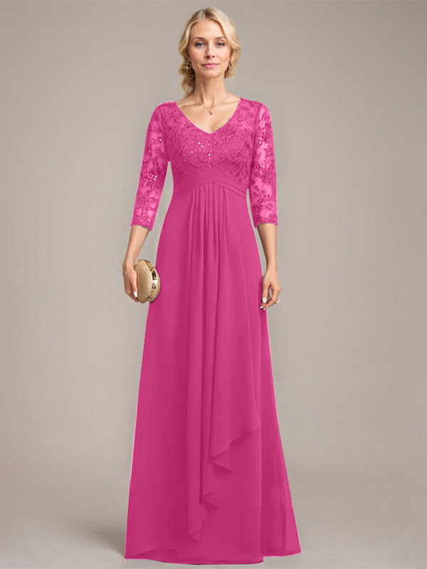 A-Linie, V-Ausschnitt, bodenlanges Chiffon-Kleid für die Brautmutter mit kaskadierenden Rüschen und Pailletten