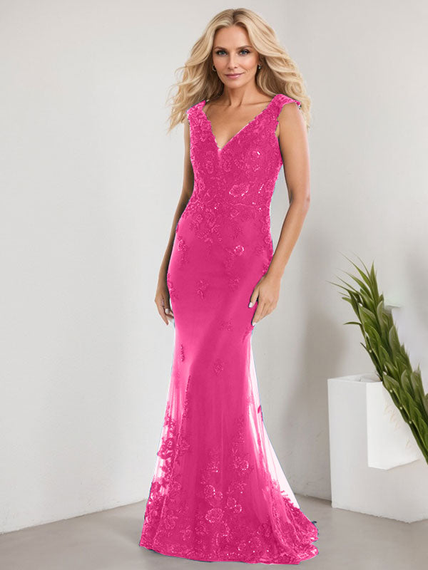 A-Linie V-Ausschnitt Bodenlang Spitze Chiffon Mutter der Braut Kleid Mit Applikation Pailletten Meerjungfrau Kleider
