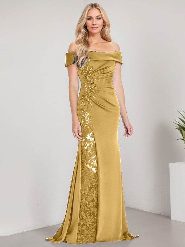 Vestido de sirena con hombros descubiertos, largo hasta el suelo, para madre de la novia, con apliques y cuentas, y abertura alta