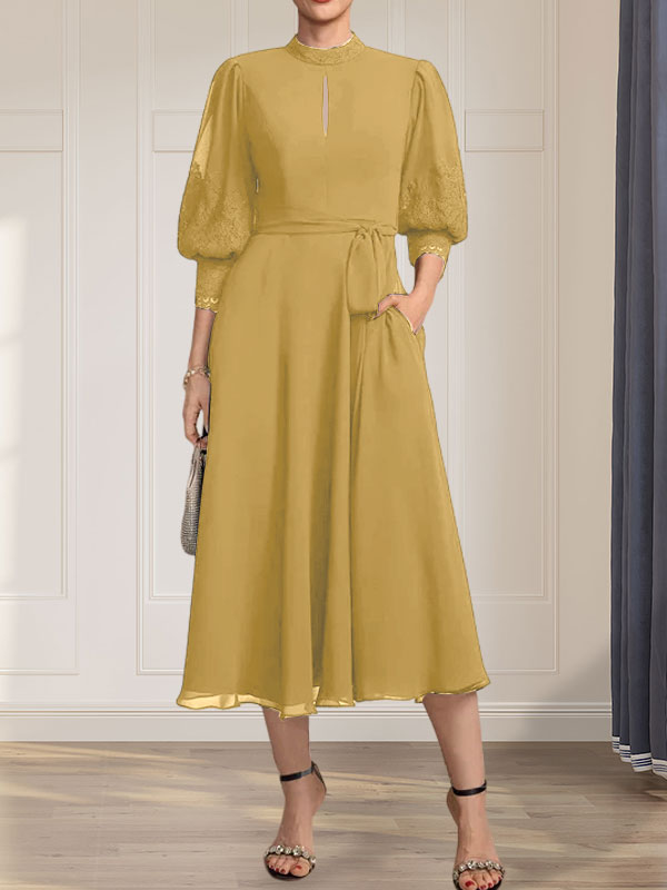 Vestido de gasa con encaje, cuello alto, largo hasta la rodilla, para madre de la novia con lazo