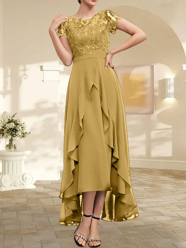 Vestido de madre de la novia de gasa asimétrica con encaje, escote en A, ilusión, lazo, volante y lentejuelas