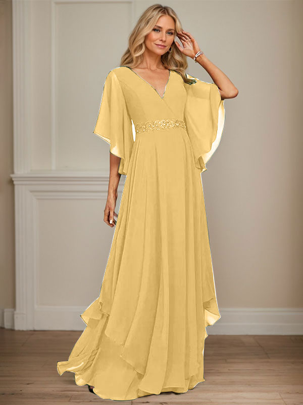 A-Linie V-Ausschnitt Bodenlang Chiffon Kleid für die Brautmutter mit Pailletten Applikationen Spitze Perlen
