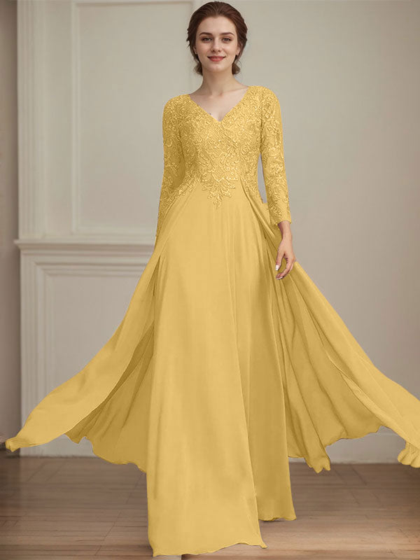 A-Linie V-Ausschnitt Bodenlanges Spitzen-Chiffon-Kleid für die Brautmutter mit Pailletten