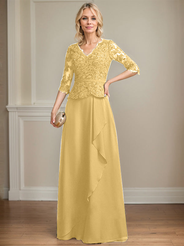 A-Linie, V-Ausschnitt, bodenlanges Chiffon-Kleid für die Brautmutter mit kaskadierenden Rüschen und Pailletten