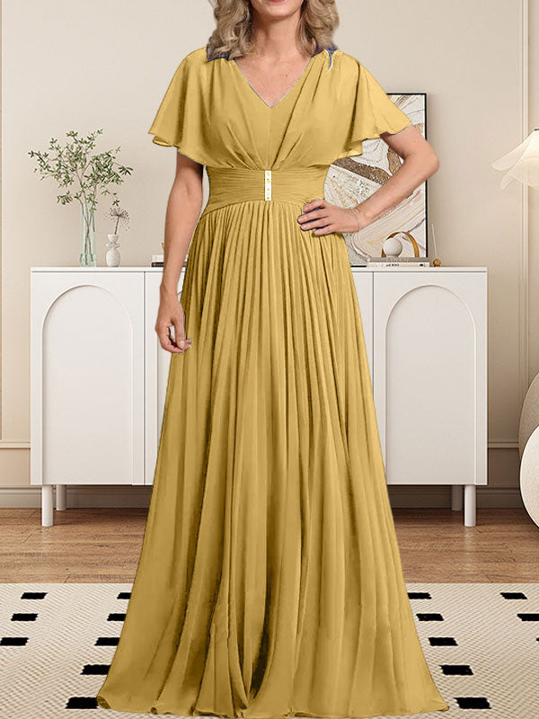 A-Linie V-Ausschnitt Bodenlang Chiffon Mutter der Braut Kleid Mit Kristall Brosche Plissee
