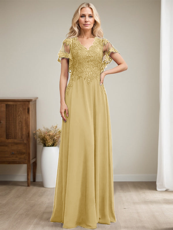 A-Linie V-Ausschnitt Bodenlanges Spitzen-Chiffon-Kleid für die Brautmutter mit Pailletten