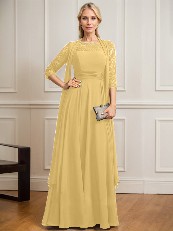 Vestido de gasa de encaje con ilusión de corte A hasta el suelo para madre de la novia con pliegues