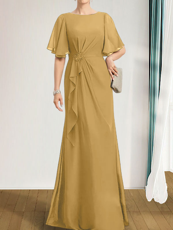 Vestido de gasa para madre de la novia, corte A, escote redondo, largo hasta el suelo, con volantes en cascada, cuentas y lentejuelas
