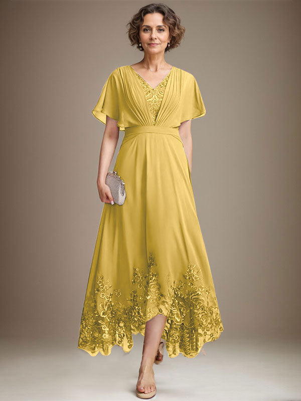 A-Linie V-Ausschnitt Asymmetrisches Spitzen-Chiffon-Kleid für die Brautmutter mit Plissee