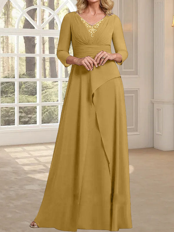 A-Linie, V-Ausschnitt, bodenlanges Chiffonkleid für die Brautmutter mit plissierter Perlenstickerei