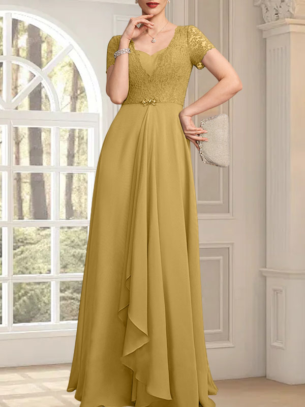 A-Linie, Herzausschnitt, bodenlang, Chiffon, Spitze, Kleid für die Brautmutter mit Perlenbesatz, kaskadierenden Rüschen