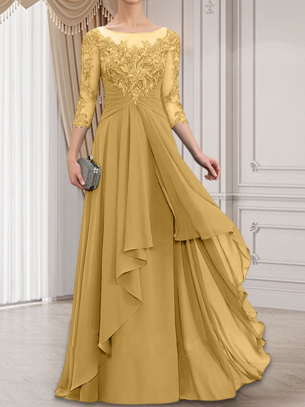 Vestido de gasa con encaje, corte A, escote ilusión, largo hasta el suelo, para madre de la novia con volantes en cascada