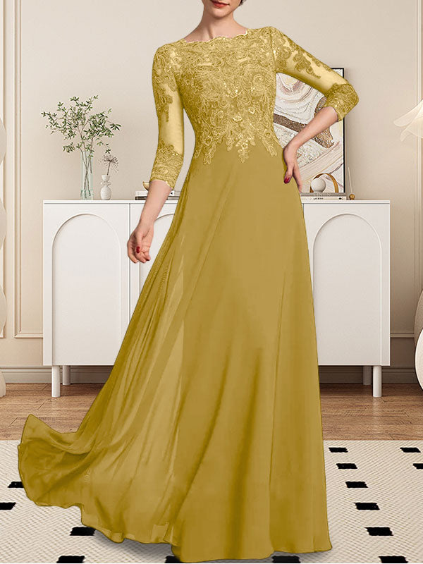 Vestido de gasa con encaje y lentejuelas para madre de la novia, corte A, largo hasta el suelo
