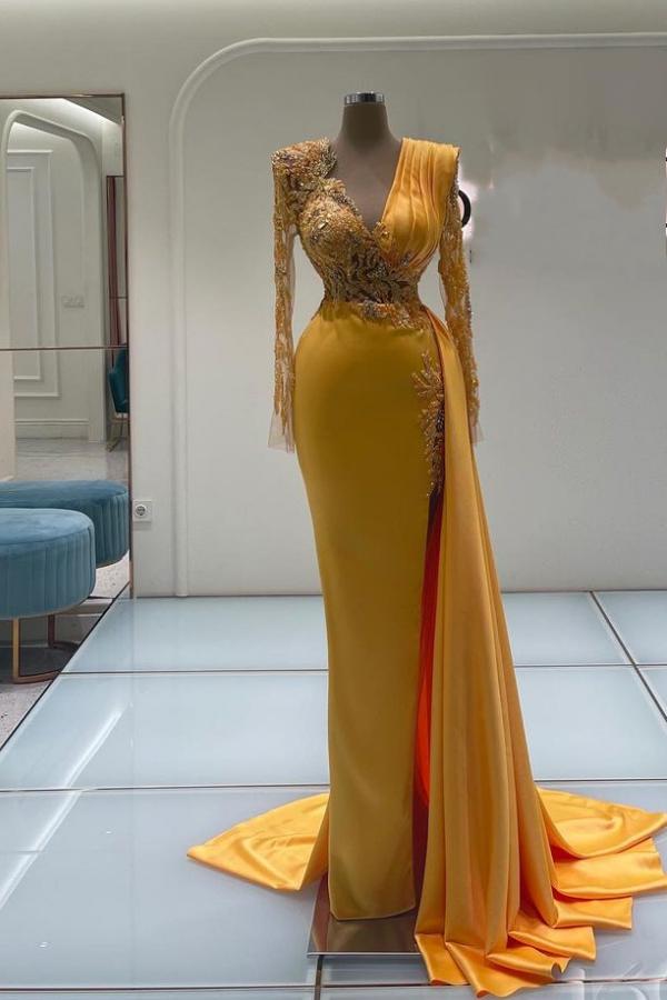 Elegant V-Neck Long Sleeves Mermaid Satin Prom Dresses with Train