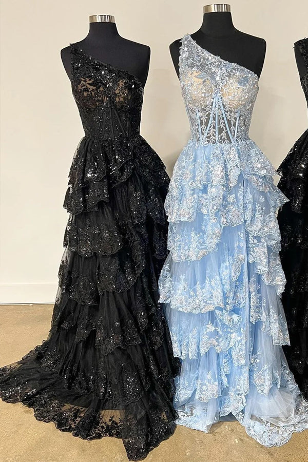 Vestido de fiesta largo de tul azul marino con lentejuelas, un solo hombro y abertura