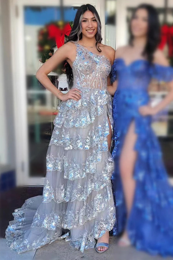 Vestido de fiesta largo de tul azul marino con lentejuelas, un solo hombro y abertura