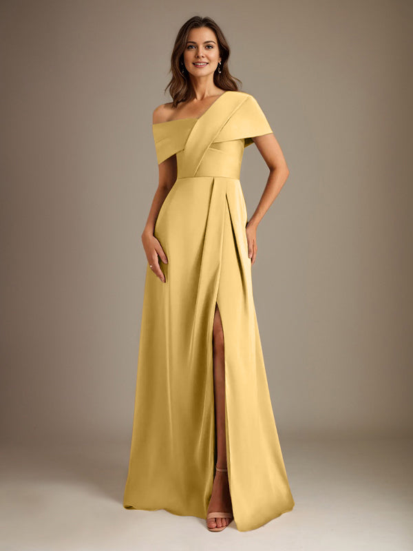 Vestido de madre de la novia de satén con escote asimétrico en forma de A y largo hasta el suelo con pliegues