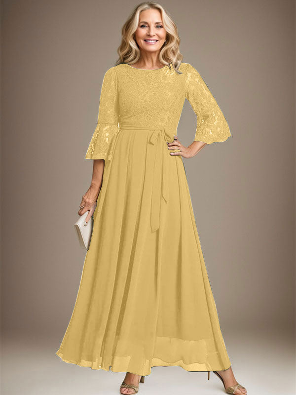 Vestido de gasa con encaje y lazo para madre de la novia, corte A, escote redondo hasta los tobillos