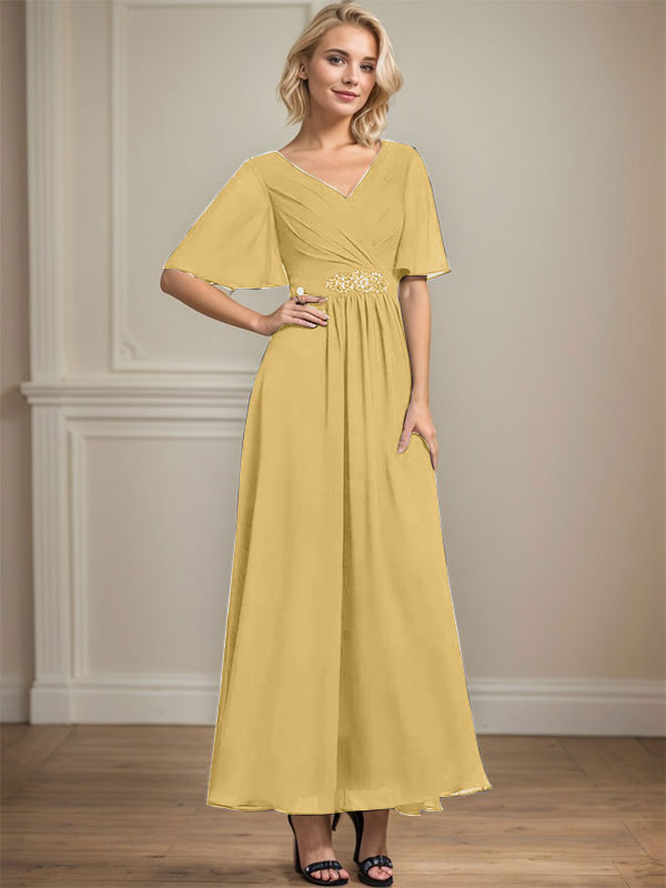 A-Linien-Kleid aus Chiffon mit V-Ausschnitt und Knöchellänge für die Brautmutter mit plissierten Perlen und Pailletten