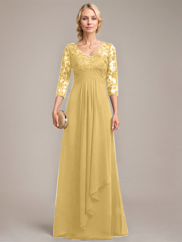 A-Linie, V-Ausschnitt, bodenlanges Chiffon-Kleid für die Brautmutter mit kaskadierenden Rüschen und Pailletten
